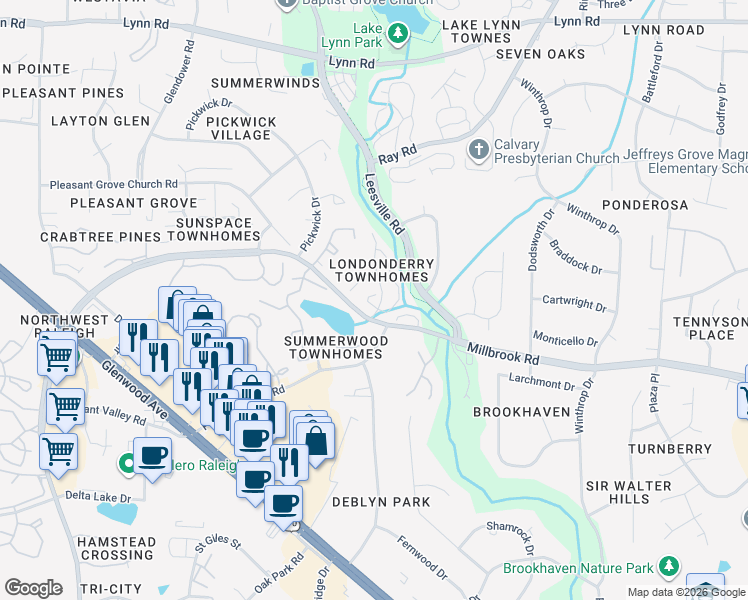 map of restaurants, bars, coffee shops, grocery stores, and more near 6109 Highcastle Court in Raleigh