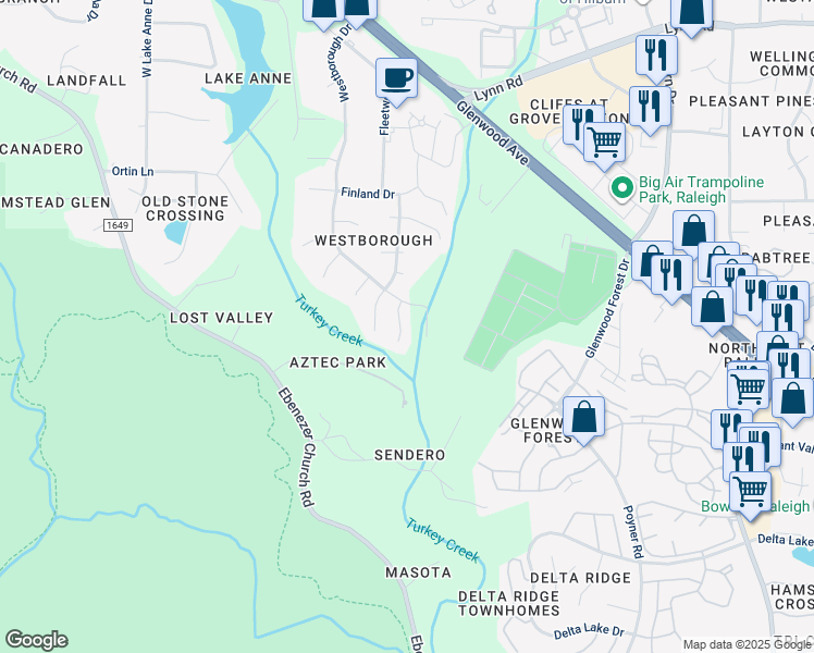 map of restaurants, bars, coffee shops, grocery stores, and more near 5920 Royal Coach Court in Raleigh