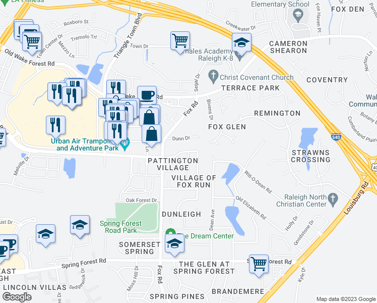 map of restaurants, bars, coffee shops, grocery stores, and more near 8873 Four Townes Lane in Raleigh