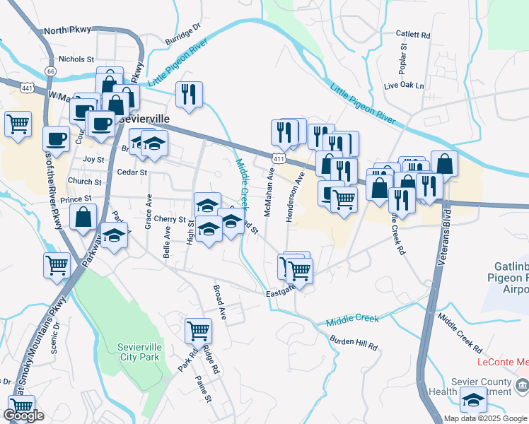 map of restaurants, bars, coffee shops, grocery stores, and more near 309 McMahan Avenue in Sevierville