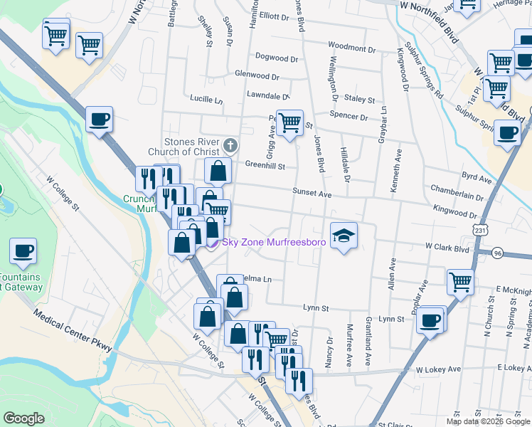map of restaurants, bars, coffee shops, grocery stores, and more near 919 West Clark Boulevard in Murfreesboro