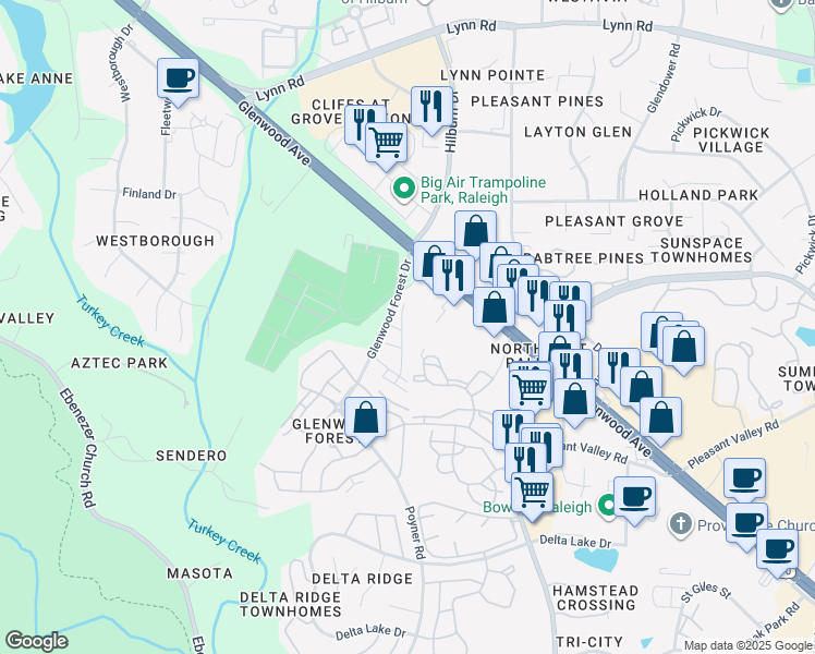 map of restaurants, bars, coffee shops, grocery stores, and more near 6206 Braidwood Court in Raleigh
