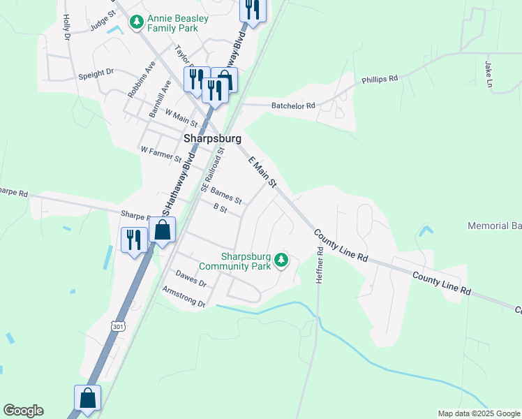 map of restaurants, bars, coffee shops, grocery stores, and more near 116 Weavers Circle in Sharpsburg