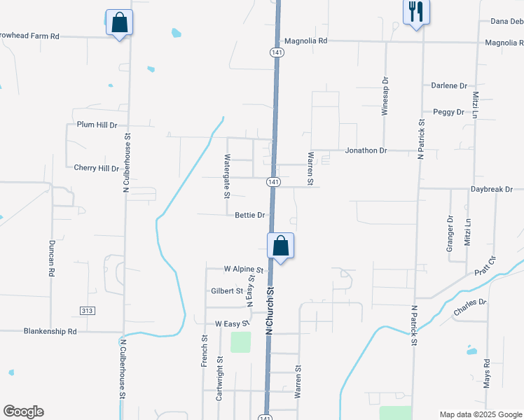 map of restaurants, bars, coffee shops, grocery stores, and more near 2101 North Church Street in Jonesboro