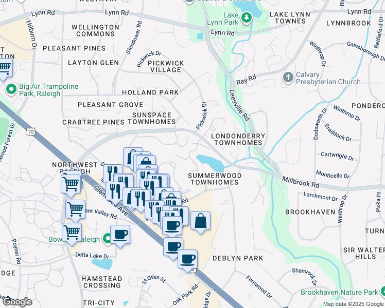 map of restaurants, bars, coffee shops, grocery stores, and more near 6200 Riese Drive in Raleigh