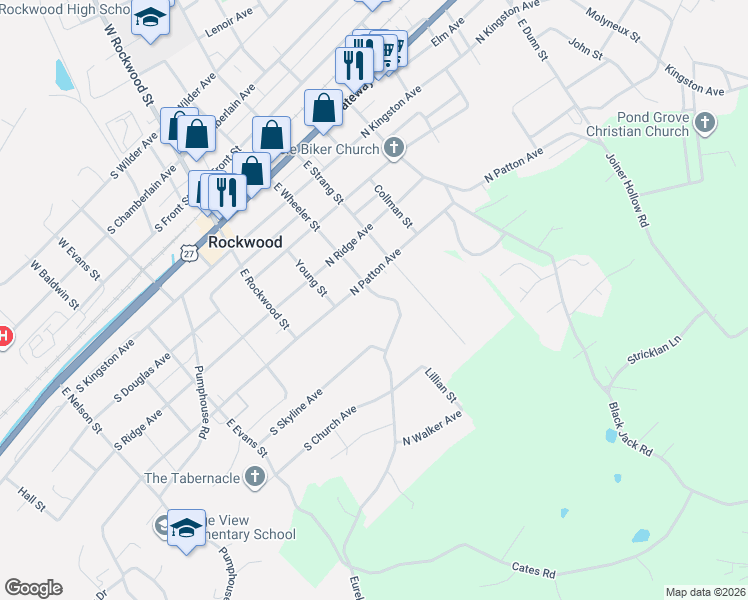 map of restaurants, bars, coffee shops, grocery stores, and more near 200 North Patton Avenue in Rockwood