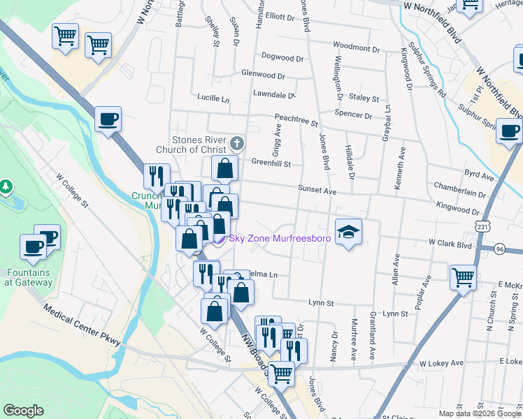 map of restaurants, bars, coffee shops, grocery stores, and more near 919 West Clark Boulevard in Murfreesboro