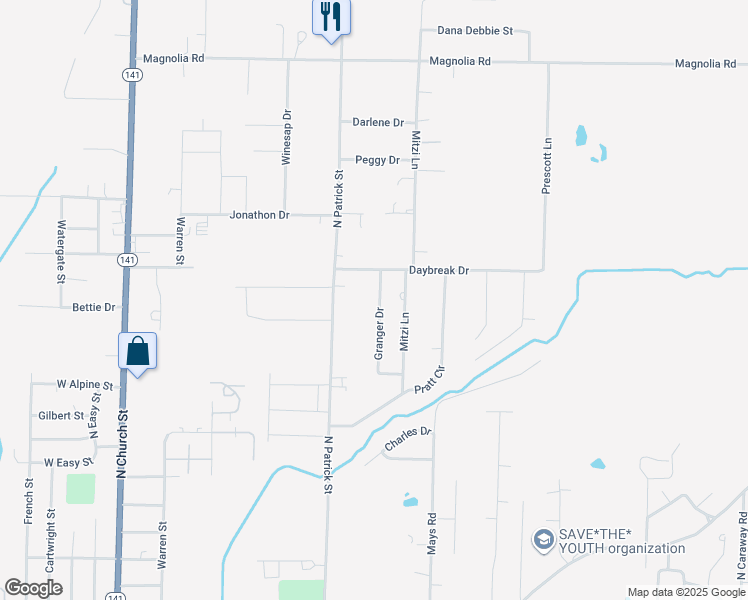 map of restaurants, bars, coffee shops, grocery stores, and more near 1605 Granger Drive in Jonesboro
