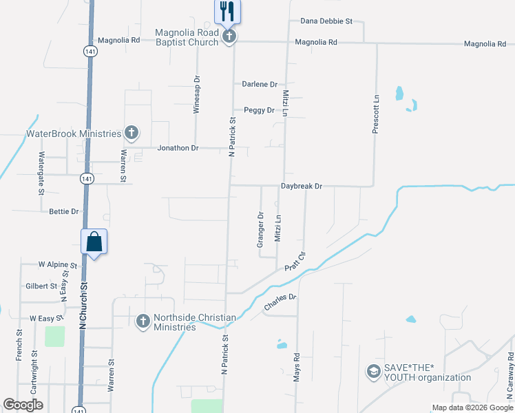 map of restaurants, bars, coffee shops, grocery stores, and more near 1605 Granger Drive in Jonesboro