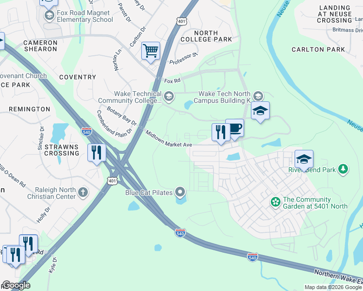 map of restaurants, bars, coffee shops, grocery stores, and more near 7740 Midtown Market Avenue in Raleigh