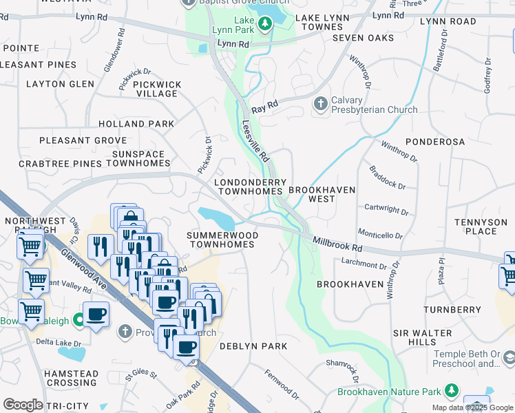 map of restaurants, bars, coffee shops, grocery stores, and more near 3620 Plumbridge Court in Raleigh