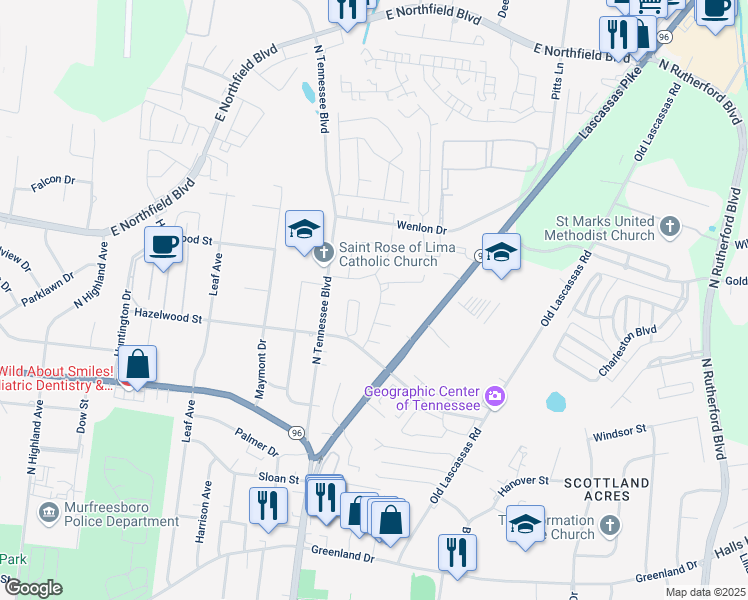 map of restaurants, bars, coffee shops, grocery stores, and more near 1211 Hazelwood Street in Murfreesboro
