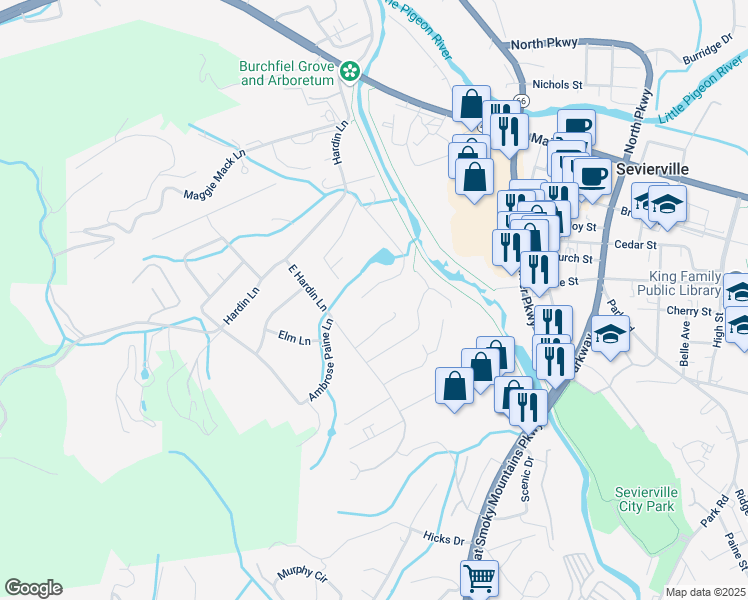 map of restaurants, bars, coffee shops, grocery stores, and more near 387 Paine Lake Drive in Sevierville