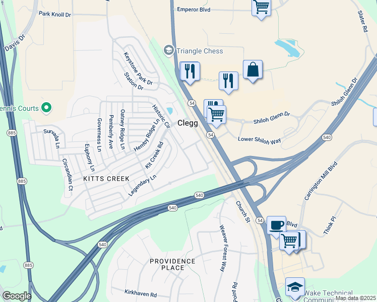 map of restaurants, bars, coffee shops, grocery stores, and more near 1052 Historic Circle in Morrisville