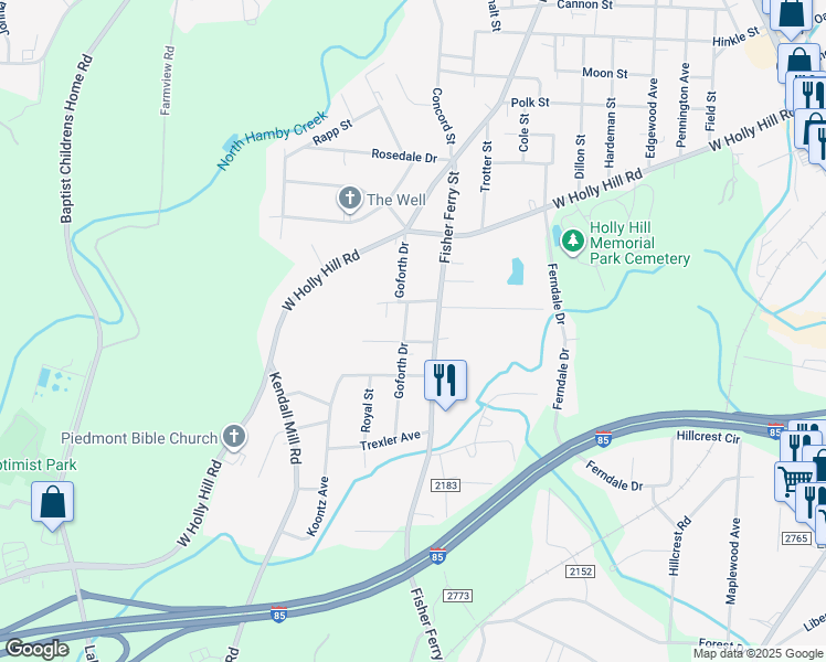 map of restaurants, bars, coffee shops, grocery stores, and more near 109 Goforth Drive in Thomasville