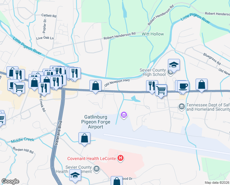 map of restaurants, bars, coffee shops, grocery stores, and more near 169 Victorias Landing in Sevierville