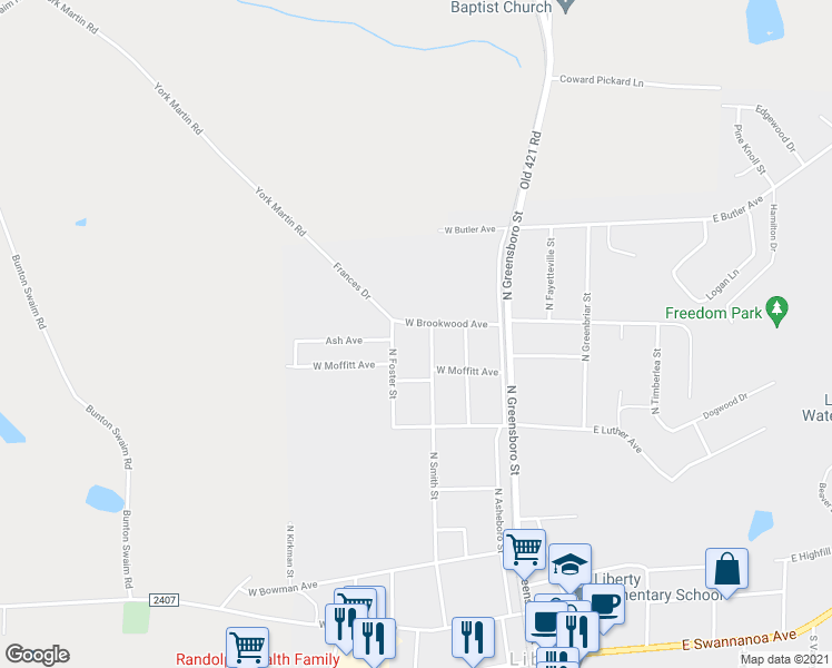 map of restaurants, bars, coffee shops, grocery stores, and more near 315 West Brookwood Avenue in Liberty