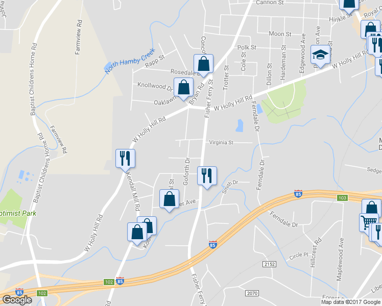map of restaurants, bars, coffee shops, grocery stores, and more near 109 Goforth Drive in Thomasville
