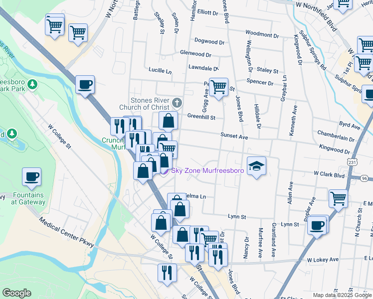 map of restaurants, bars, coffee shops, grocery stores, and more near 1011 W Clark Blvd in Murfreesboro