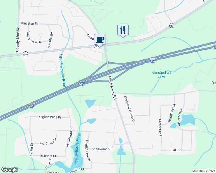 map of restaurants, bars, coffee shops, grocery stores, and more near 5603 Finch Farm Road in Trinity