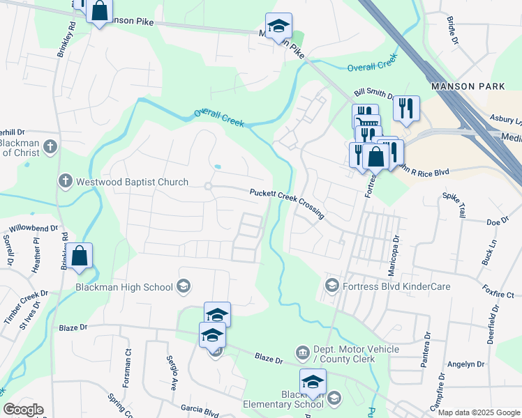 map of restaurants, bars, coffee shops, grocery stores, and more near 4109 Maximillion Circle in Murfreesboro
