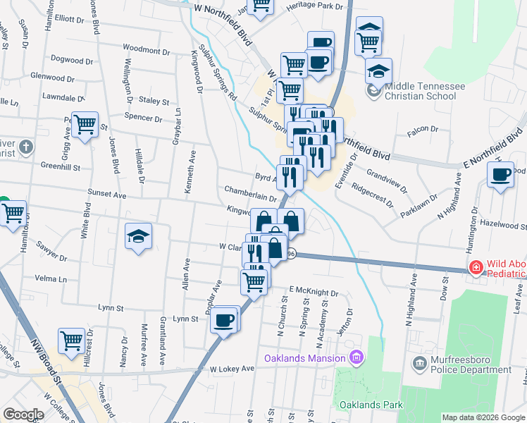 map of restaurants, bars, coffee shops, grocery stores, and more near 204 Kingwood Drive in Murfreesboro