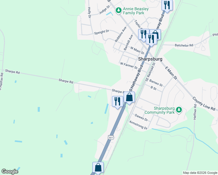 map of restaurants, bars, coffee shops, grocery stores, and more near 300 Sharpe Road in Rocky Mount