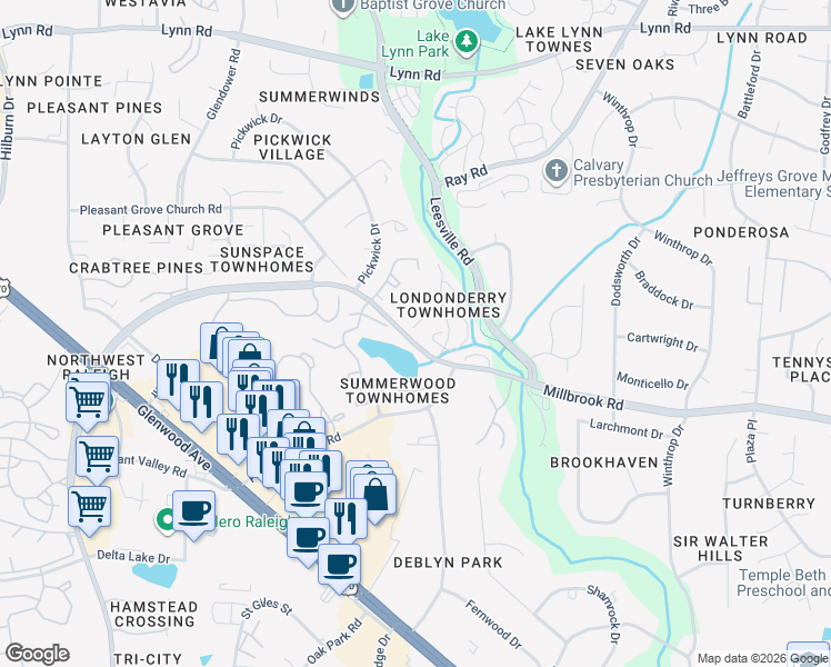 map of restaurants, bars, coffee shops, grocery stores, and more near 6109 Highcastle Court in Raleigh