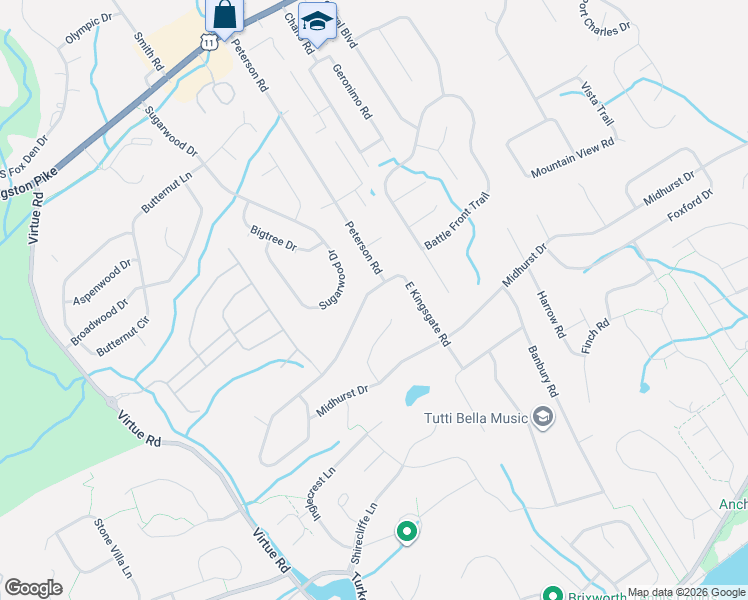 map of restaurants, bars, coffee shops, grocery stores, and more near 11904 West Kingsgate Road in Knoxville