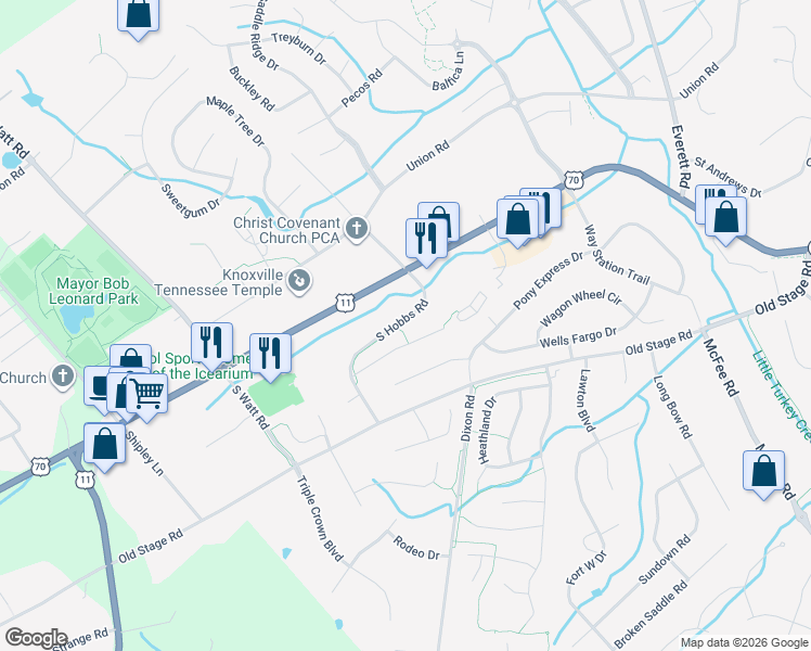 map of restaurants, bars, coffee shops, grocery stores, and more near 12935 Siena Lane in Knoxville