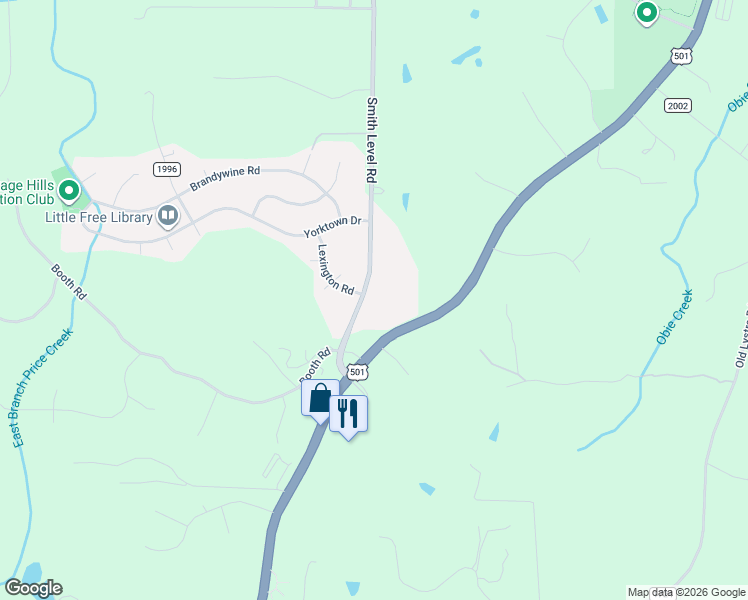 map of restaurants, bars, coffee shops, grocery stores, and more near 1701 Smith Level Road in Chapel Hill