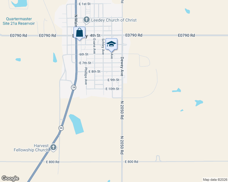 map of restaurants, bars, coffee shops, grocery stores, and more near 1001 Sampson Avenue in Leedey