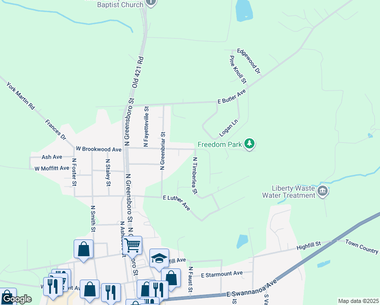 map of restaurants, bars, coffee shops, grocery stores, and more near 310 East Brookwood Avenue in Liberty