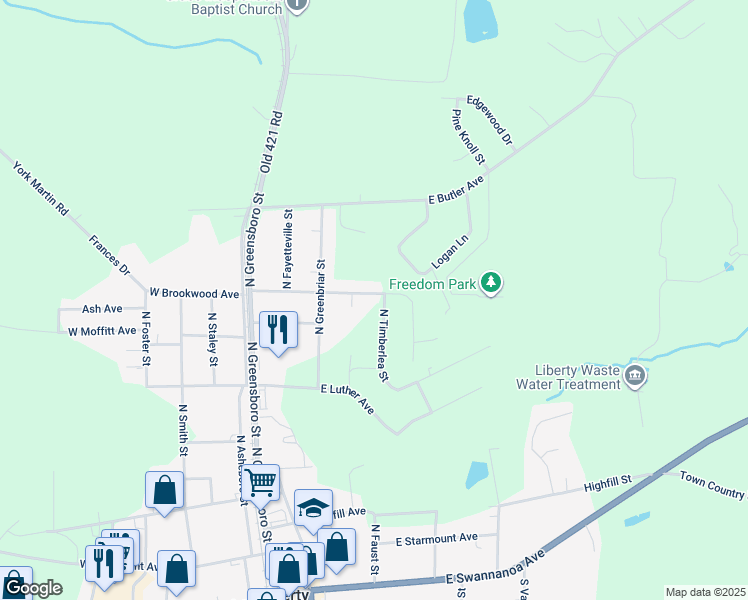 map of restaurants, bars, coffee shops, grocery stores, and more near 310 East Brookwood Avenue in Liberty