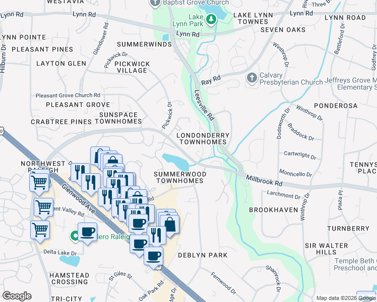 map of restaurants, bars, coffee shops, grocery stores, and more near 6109 Highcastle Court in Raleigh