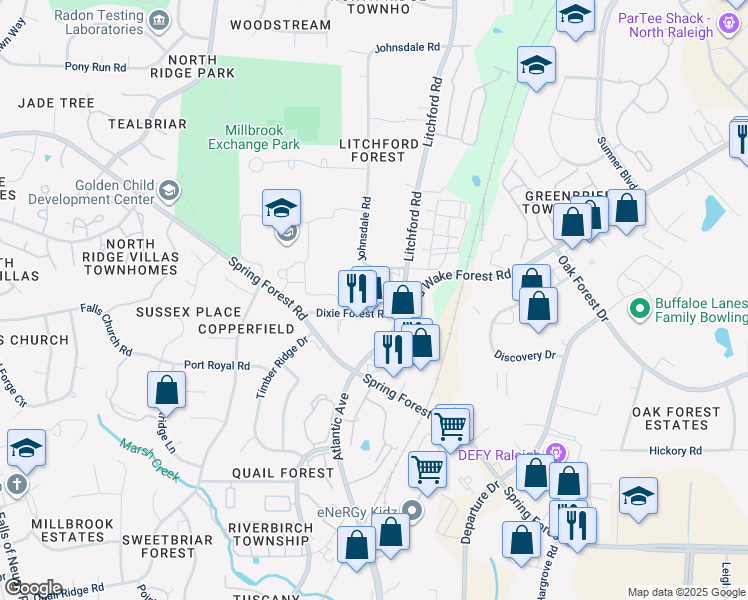 map of restaurants, bars, coffee shops, grocery stores, and more near 6201 Litchford Forest Lane in Raleigh