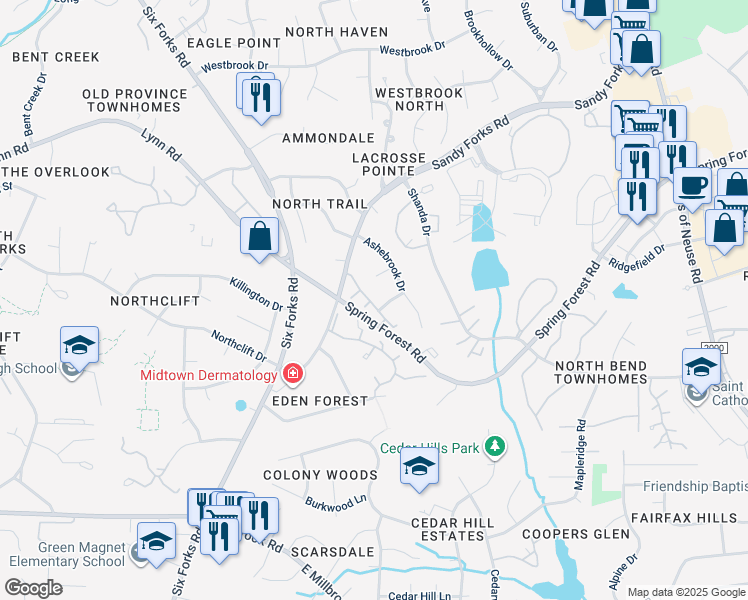 map of restaurants, bars, coffee shops, grocery stores, and more near 216 Ashton Hall Lane in Raleigh