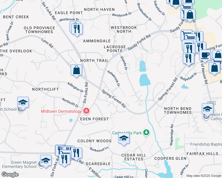 map of restaurants, bars, coffee shops, grocery stores, and more near 216 Ashton Hall Lane in Raleigh
