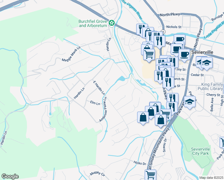 map of restaurants, bars, coffee shops, grocery stores, and more near 303 East Hardin Lane in Sevierville