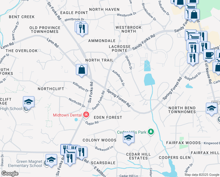 map of restaurants, bars, coffee shops, grocery stores, and more near 6101 Bordesley Court in Raleigh