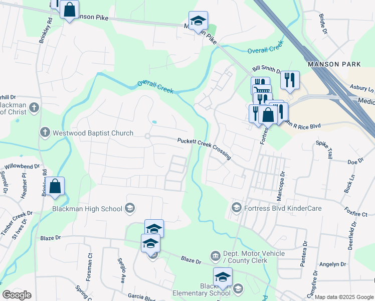 map of restaurants, bars, coffee shops, grocery stores, and more near 4109 Maximillion Circle in Murfreesboro