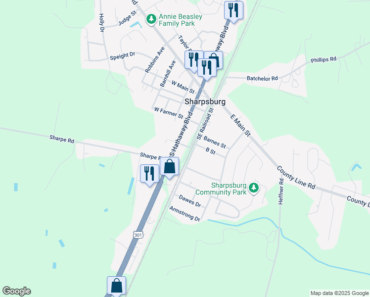 map of restaurants, bars, coffee shops, grocery stores, and more near West Railroad Street in Rocky Mount