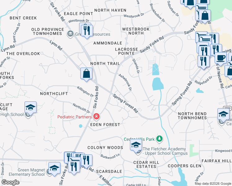 map of restaurants, bars, coffee shops, grocery stores, and more near 6101 Bordesley Court in Raleigh
