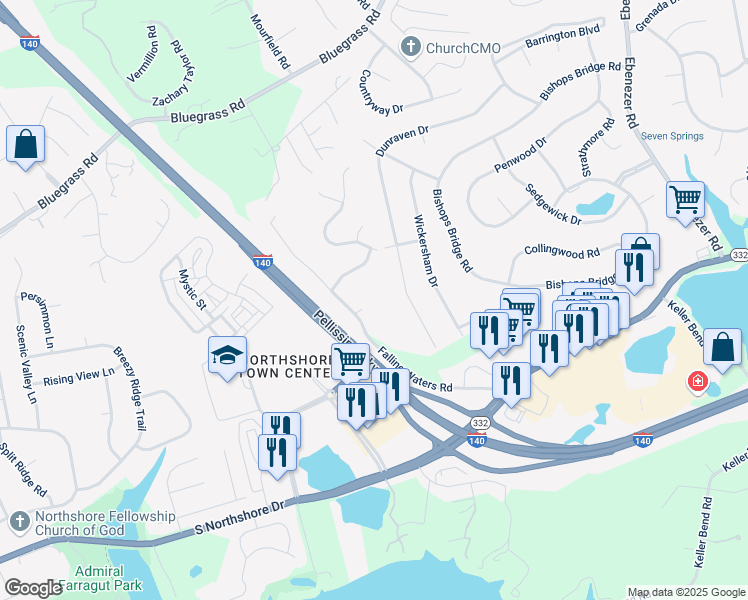 map of restaurants, bars, coffee shops, grocery stores, and more near 1932 Falling Waters Road in Knoxville