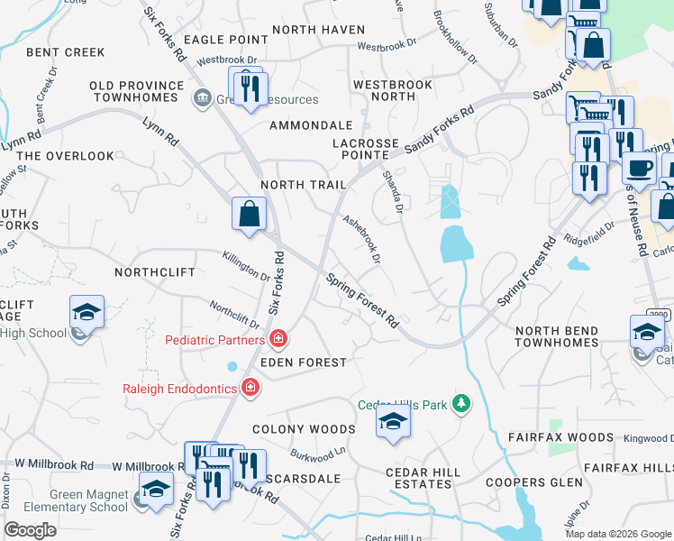 map of restaurants, bars, coffee shops, grocery stores, and more near 6101 Bordesley Court in Raleigh