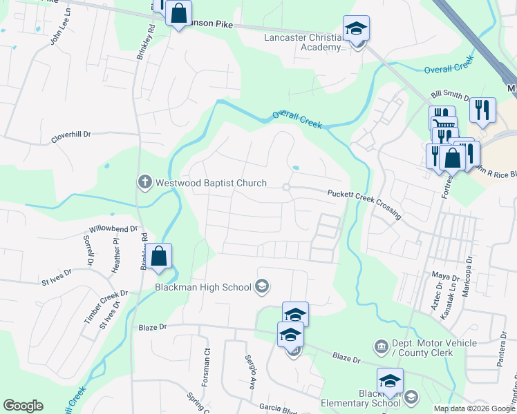 map of restaurants, bars, coffee shops, grocery stores, and more near 4432 Rubicon Drive in Murfreesboro
