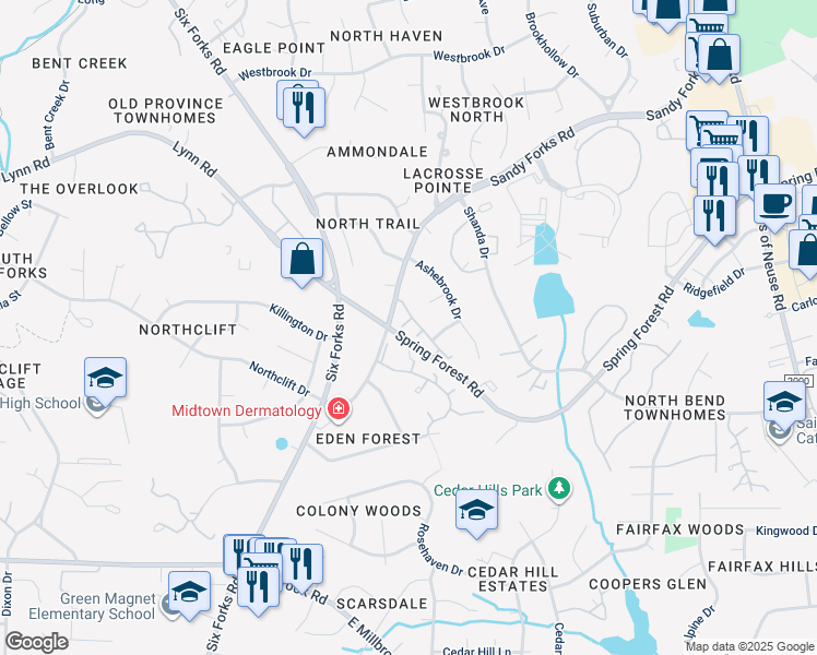 map of restaurants, bars, coffee shops, grocery stores, and more near 6104 Shandwick Court in Raleigh