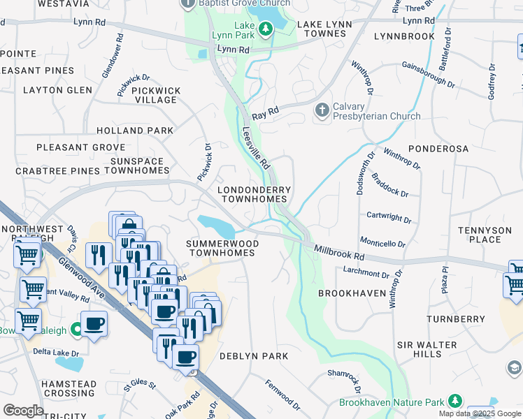 map of restaurants, bars, coffee shops, grocery stores, and more near 6121 Loch Laural Lane in Raleigh