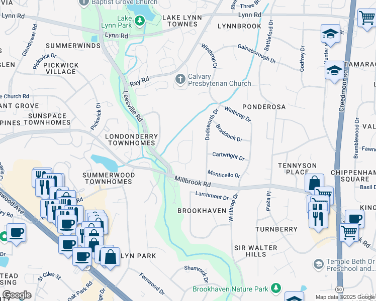 map of restaurants, bars, coffee shops, grocery stores, and more near 6121 Chatford Drive in Raleigh