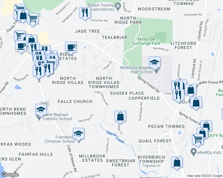 map of restaurants, bars, coffee shops, grocery stores, and more near 5943 Sentinel Drive in Raleigh